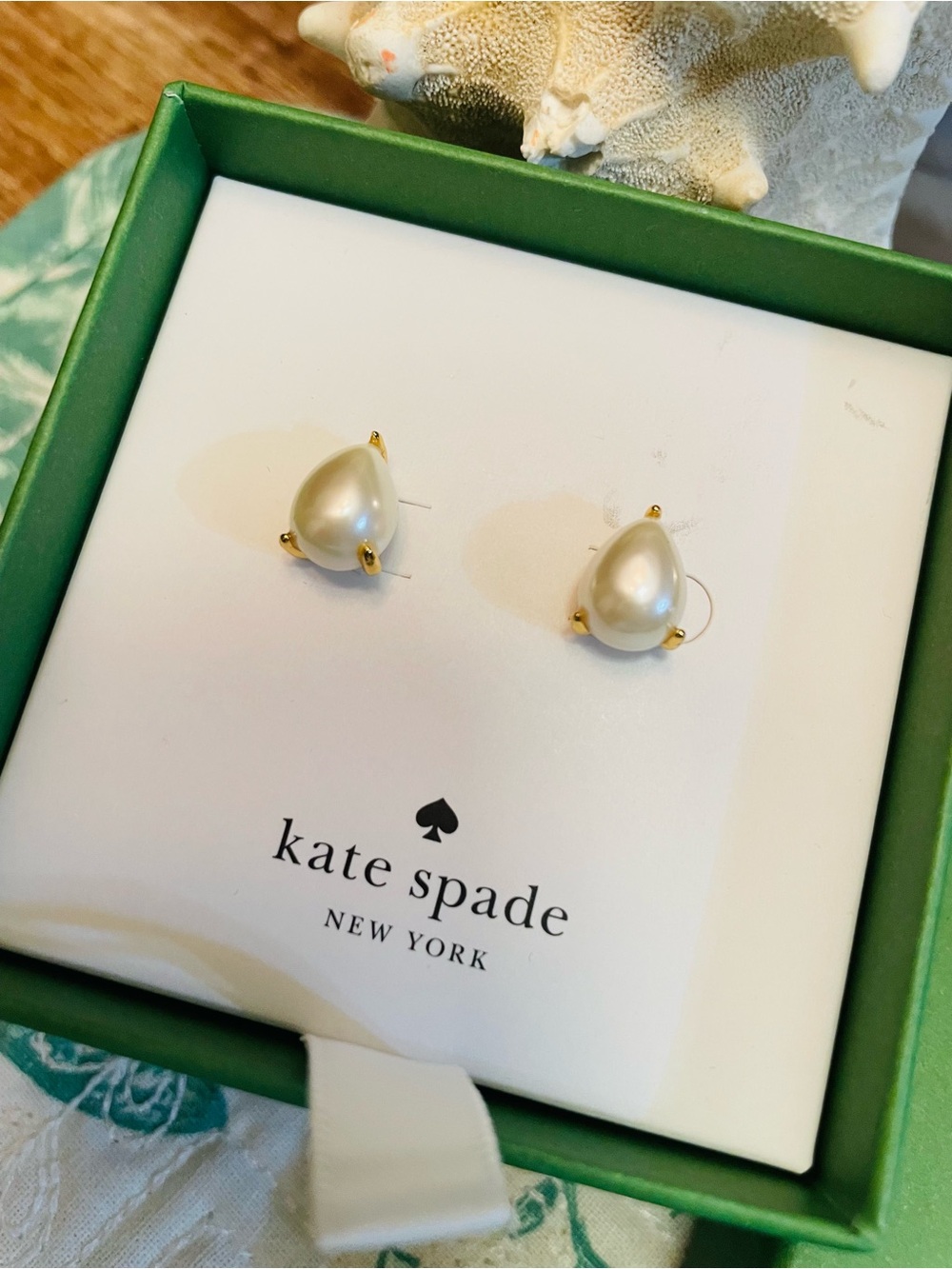 kate spade Cream Pearl Teardrop Stud Earrings with Gold Accents (Pierced) - Picture 2 of 2
